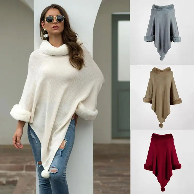 Женский зимний уютный теплый вязаный свитер шаль утолщенная плюшевая накидка