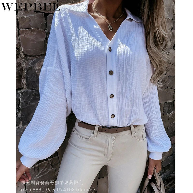 

WEPBEL Fashion Long Sleeve Shirt Women's Casual Solid Color Loose Shirt Summer V-neck Single Breasted Shirt Top
