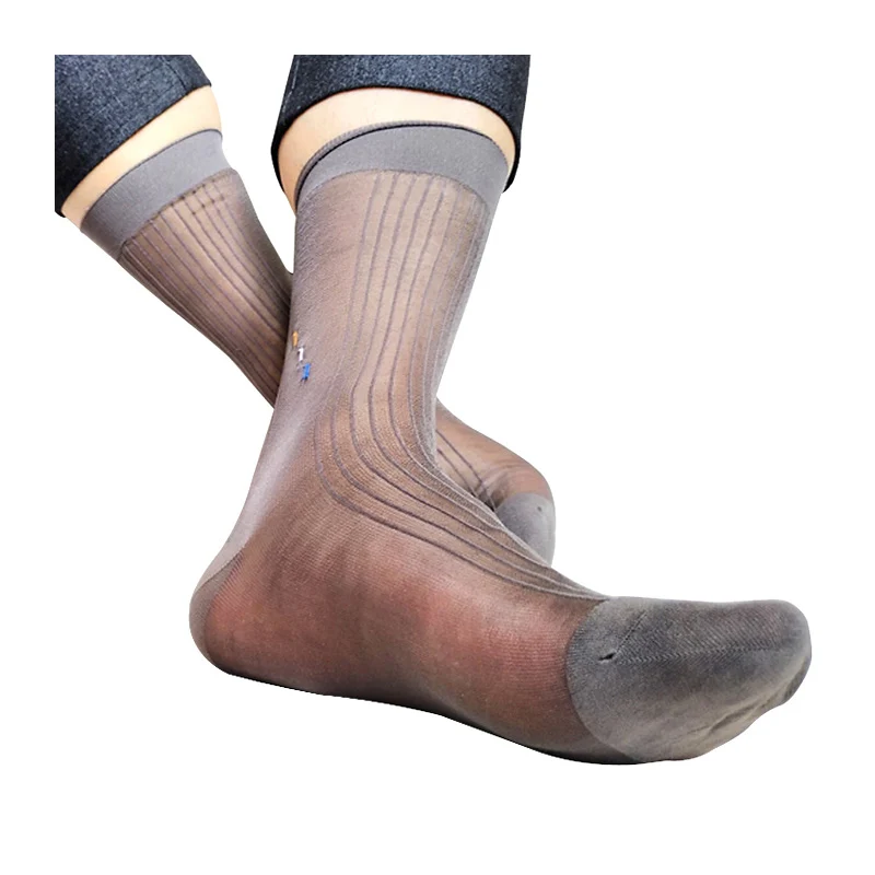 Mens Nylon Silks Dress Socks Sexy High Quality Brand Formal Gay Softy Stocking Striped Ultra Thin See Thru