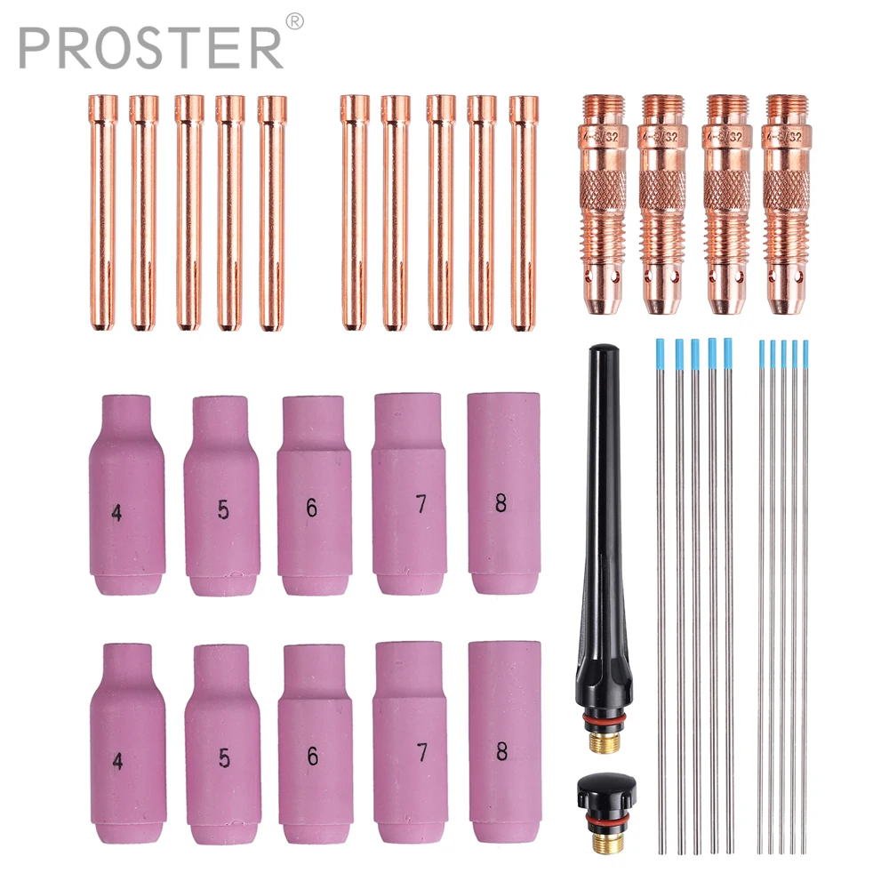 

Proster 36pcs Lens Alumina Nozzles Cups Collets Accessory Kit for Welding Torch Set for WP hose packs 17/18/26/27
