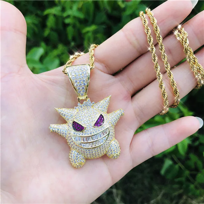 gold color Bling Iced Out Zircon Gengar подвеска с покемоном ожерелье для мужчин Рэппер хип-хоп ювелирные аксессуары - Окраска металла: gold color