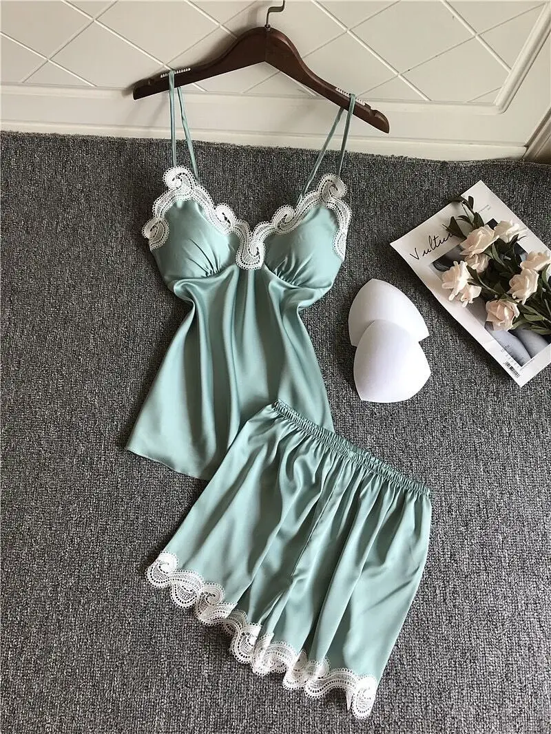 

2020 Silk Satin Pajama Sets for Women 2 Pieces Tops + Shorts Pyjama Femme Lace Sexy Lingerie Sleepwear Pijama Mujer Home Suit