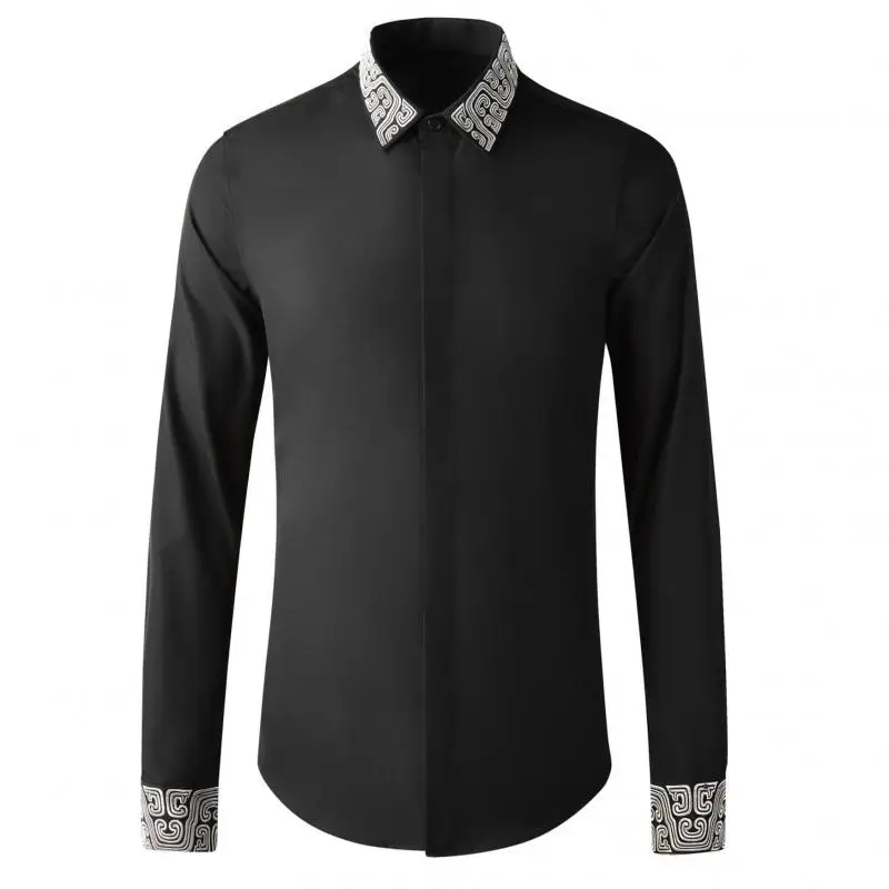 

Рубашка мужская приталенная с вышивкой, модная сорочка с длинным рукавом, с воротником и манжетами, вечерняя одежда, цвет белый/черный