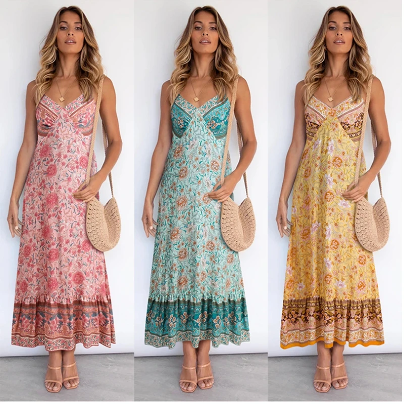 

2021 Summer New Halter Bohemian High Waist Dress Printing Sleeveless Fashion Beach Slim Dress Midi Dresses Party