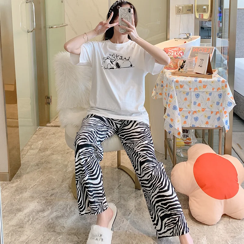 

Women's Short-Sleeved Trousers Pajamas Summer Pure Cotton Korean Style Thin Two-Piece Suit Zebra Pattern Spring and Autumn Loose