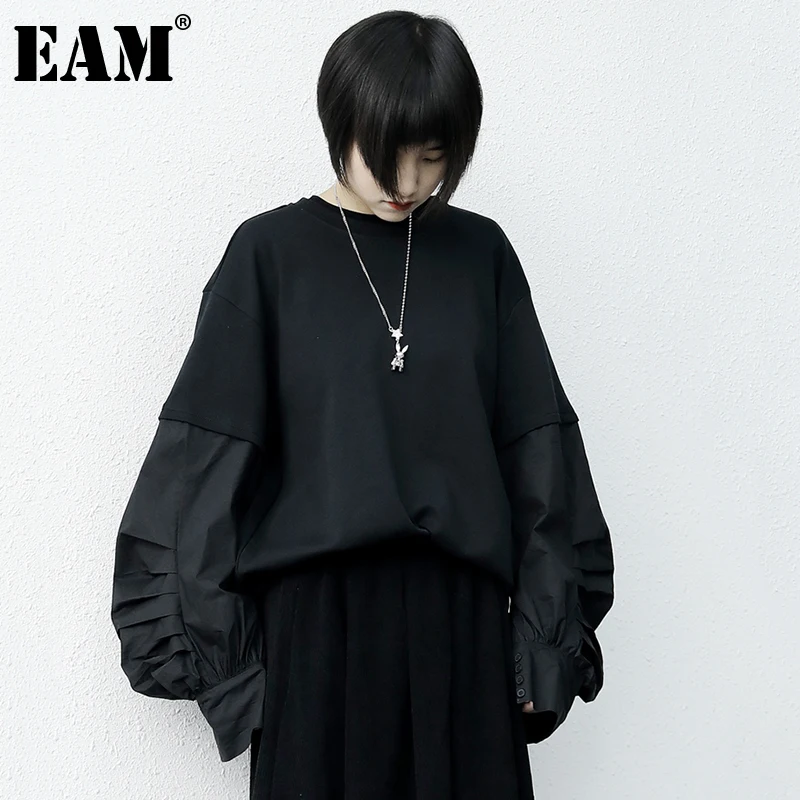 

[EAM] Свободная черная толстовка с круглым вырезом и длинными рукавами-фонариками; Женская модная Толстовка большого размера; Сезон весна-осе...