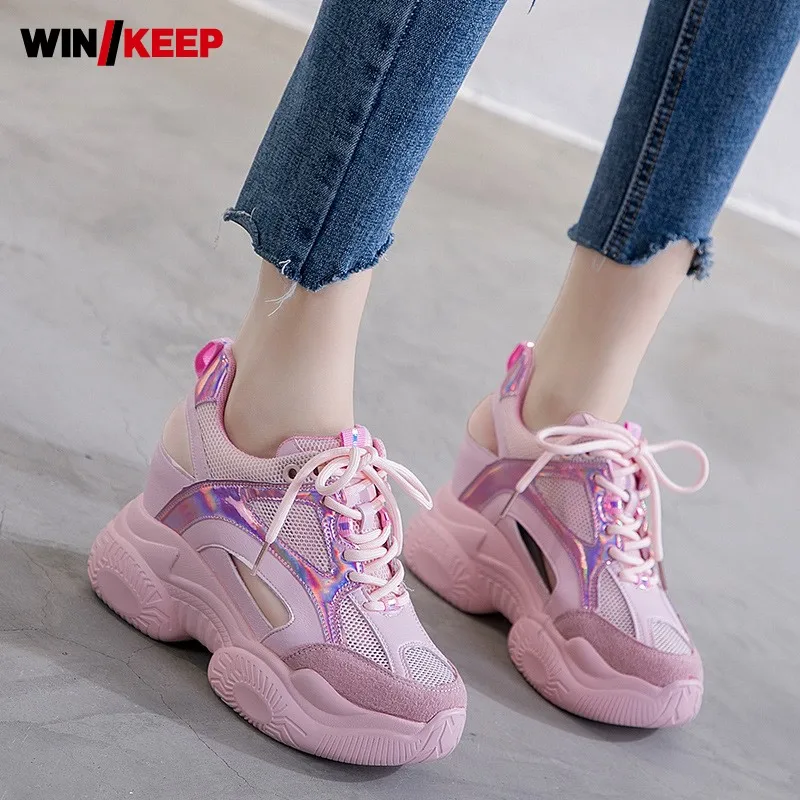 

2021 New Women Summer Hollow Out Outdoor Jogging Sports Shoes Height Increasing Platform Running Shoes Round Toe Mesh Sneakers