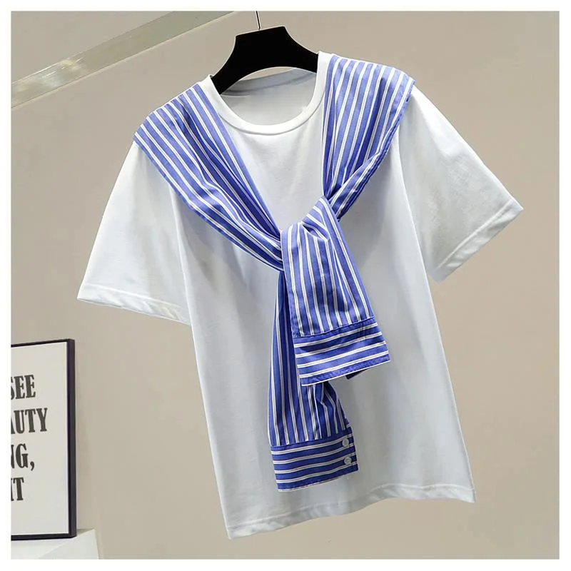 

Цветная контрастная Лоскутная полосатая футболка с коротким рукавом, женские свободные универсальные топы, футболки для девушек и студент...