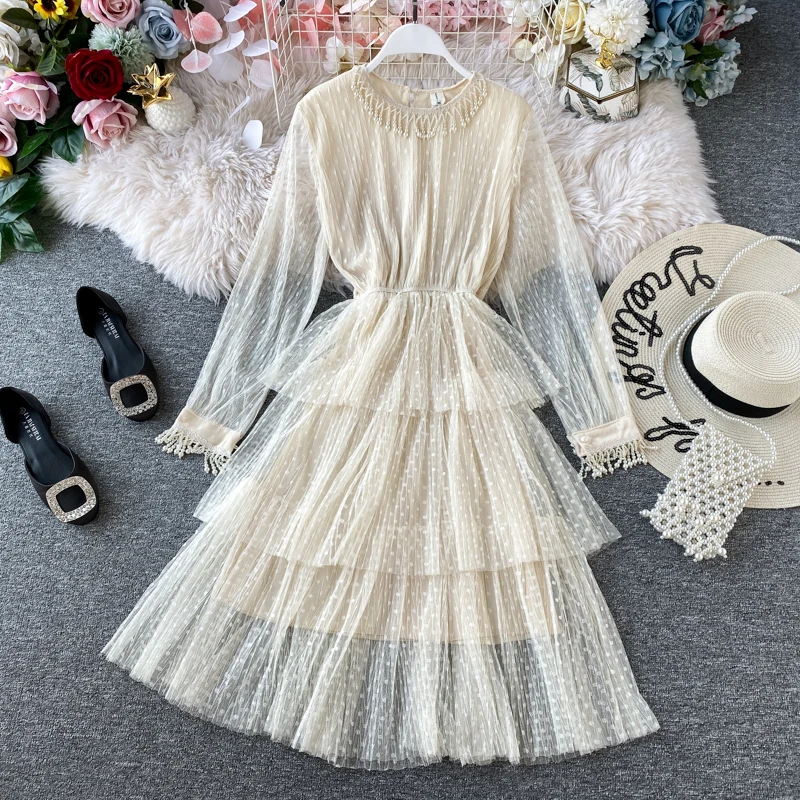 2020 весенне осеннее Новое корейское кружевное газовое платье с длинными рукавами