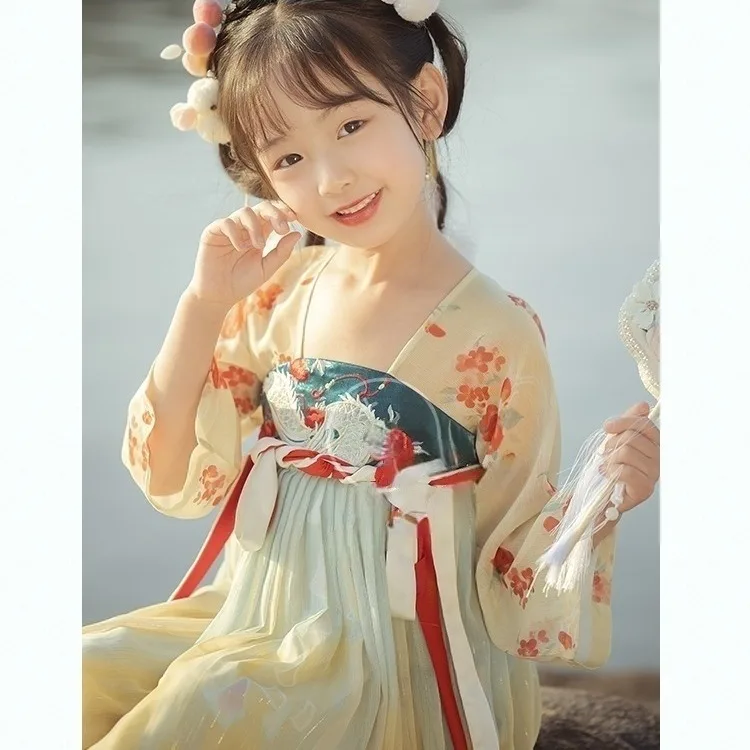 

Hanfu girls' summer children's Tang embroidery dress little girl print Ru skirt super fairy princess skirt Chinese style