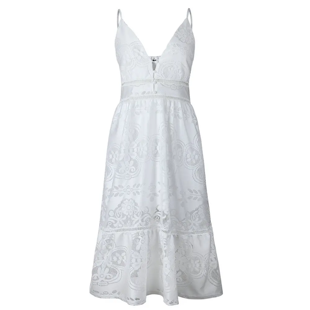 Женское кружевное платье ZOGAA белое Повседневное на пуговицах с v-образным вырезом