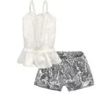 Комплект из 2 предметов для девочек, кружевной топ с открытой спиной, шорты с блестками