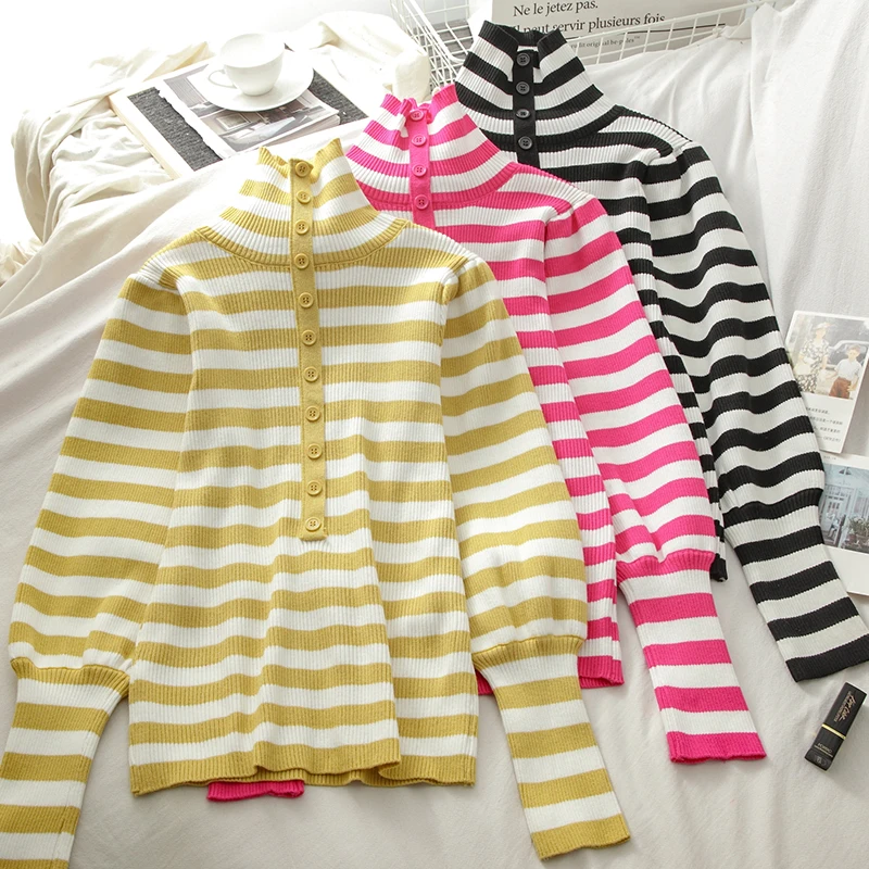 

Женский свитер в полоску, универсальный облегающий пуловер с длинным рукавом и поясом