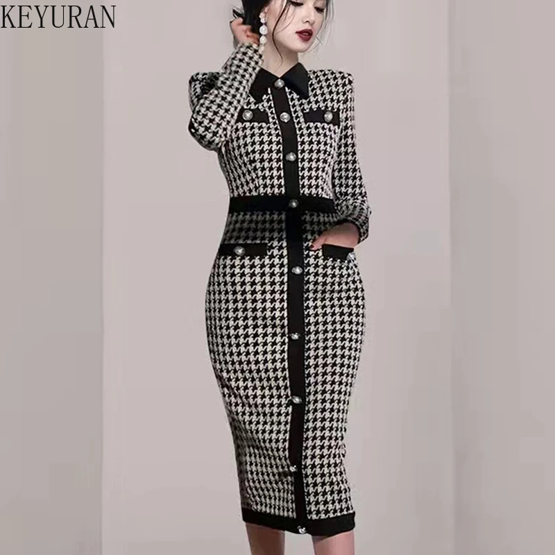 

Houndstooth Knitted Dress Autumn Fashion Knit Sweater Dresses for Women Party Robe Work Streetwear Winter Bodycon Plaid Dress