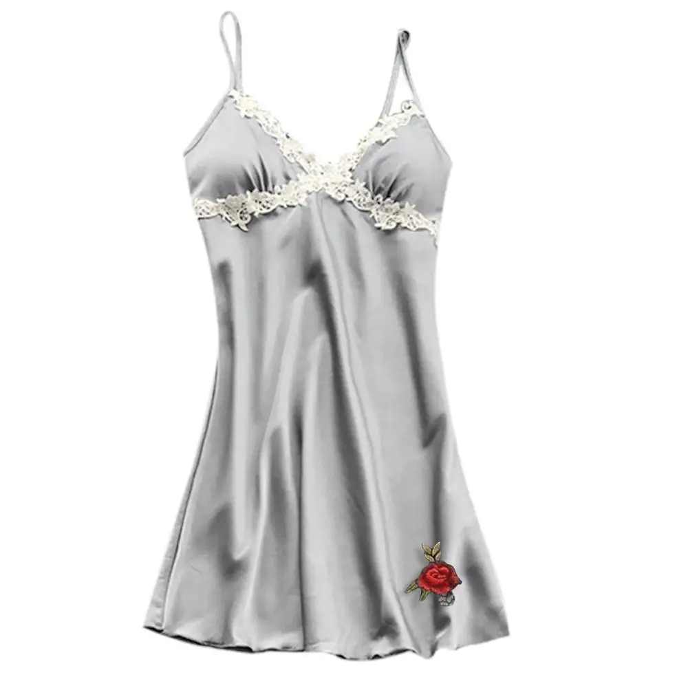A Серое нижнее белье Babydoll женское кружевное шелковое атласное платье с вышивкой розы сексуальная ночная рубашка N4 - Цвет: A