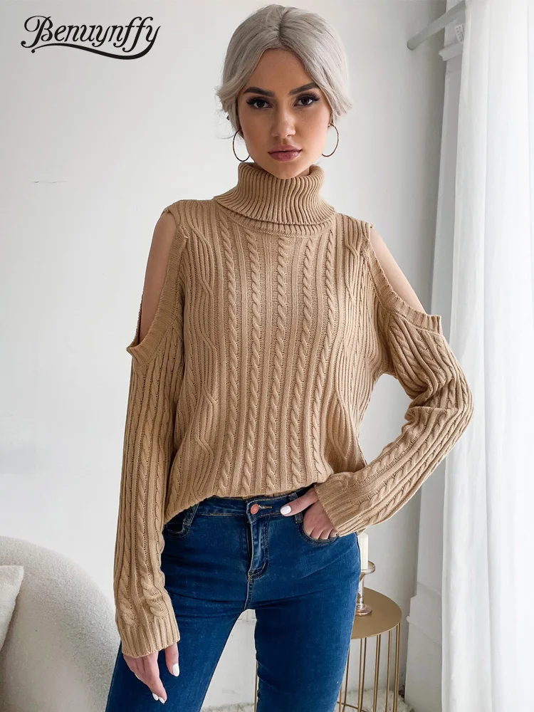 

Женский трикотажный свитер Benuynffy, однотонный вязаный свитер с открытыми плечами и высоким воротником, пуловер для женщин, Осень-зима 2021
