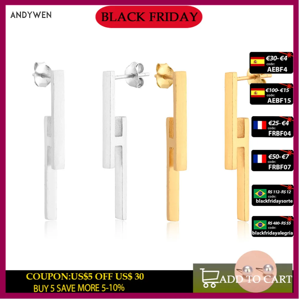 

ANDYWEN 925 Sterling Silver Gold Geometric Irregular Line Stud Earring Simple Rock Punk Long Piercing Pendiente Luxury Jewelry