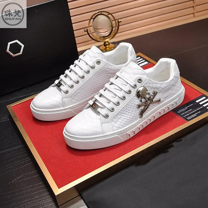 

High quality Men's Paris Genuine skull Casual serpentine Lace-up sports shoes men running shoes fashion sneakers Flat shoes Whit
