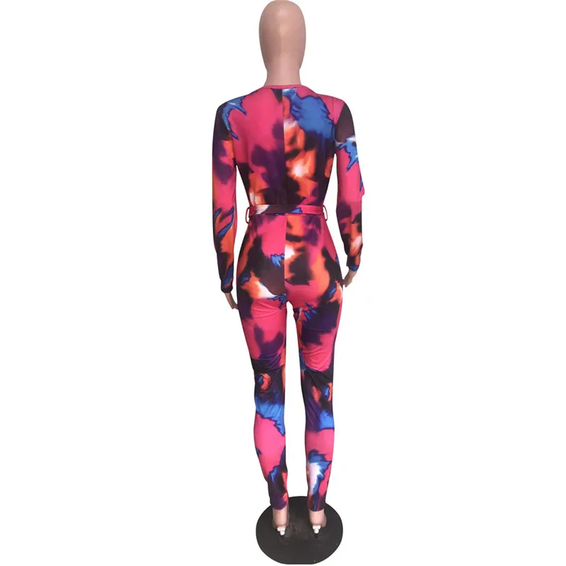 

New Sexy One Piece Bodycon Jumpsuit for Women Slash Neck Off The Shoulder Print Party Catsuit Bohemia Long Sleeve Rompers Sashes