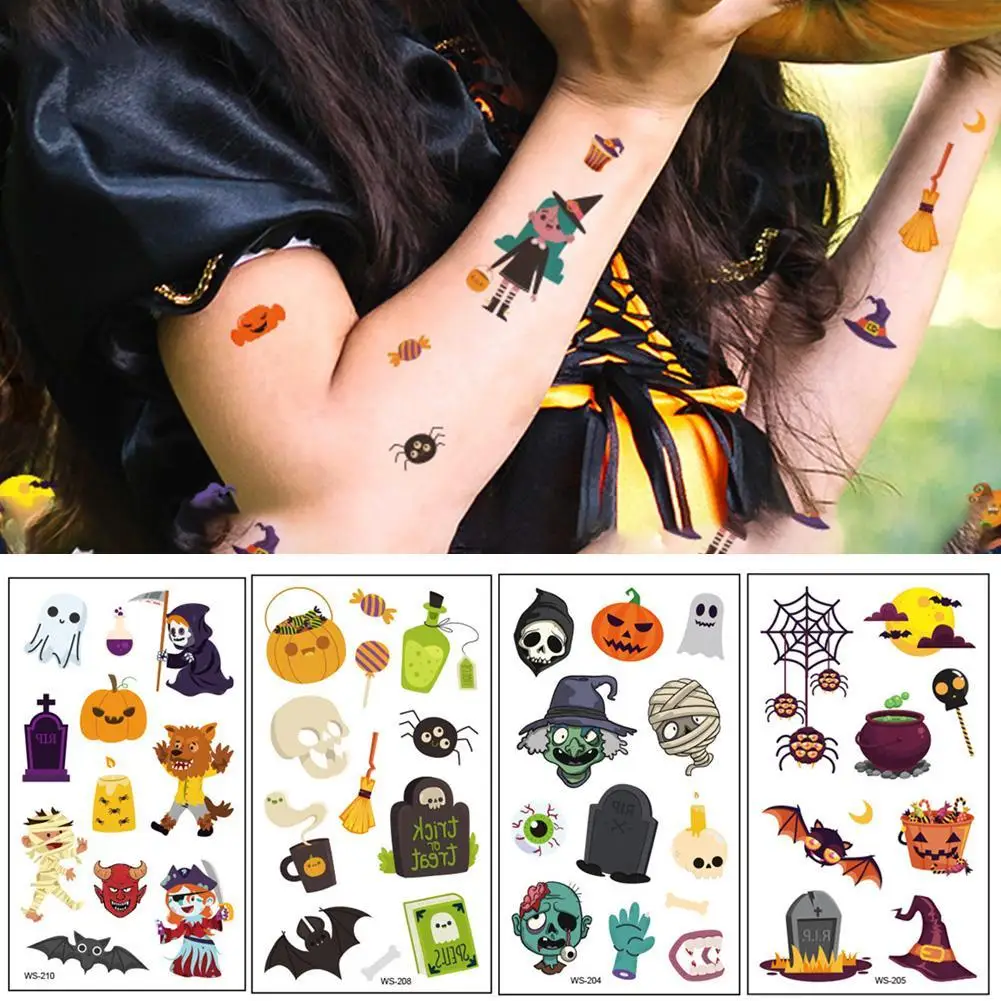 

New Halloween Luminous Tattoo Sticker Waterproof Cartoon Fluorescent Face Arm Skull Pumpkin Temporary Stickers For Kid Party Toy