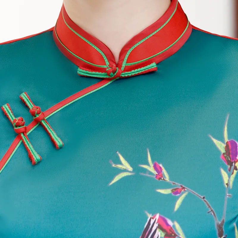 

Female Flower Print Sexy Slim Cheongsam Summer Short Sleeve Chinese Traiditional Dress Vintage Button Trim Long Qipao M-4XL