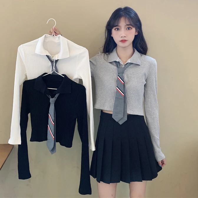 Милый студенческий стиль Поло рубашка с галстуком бабочкой и длинными рукавами