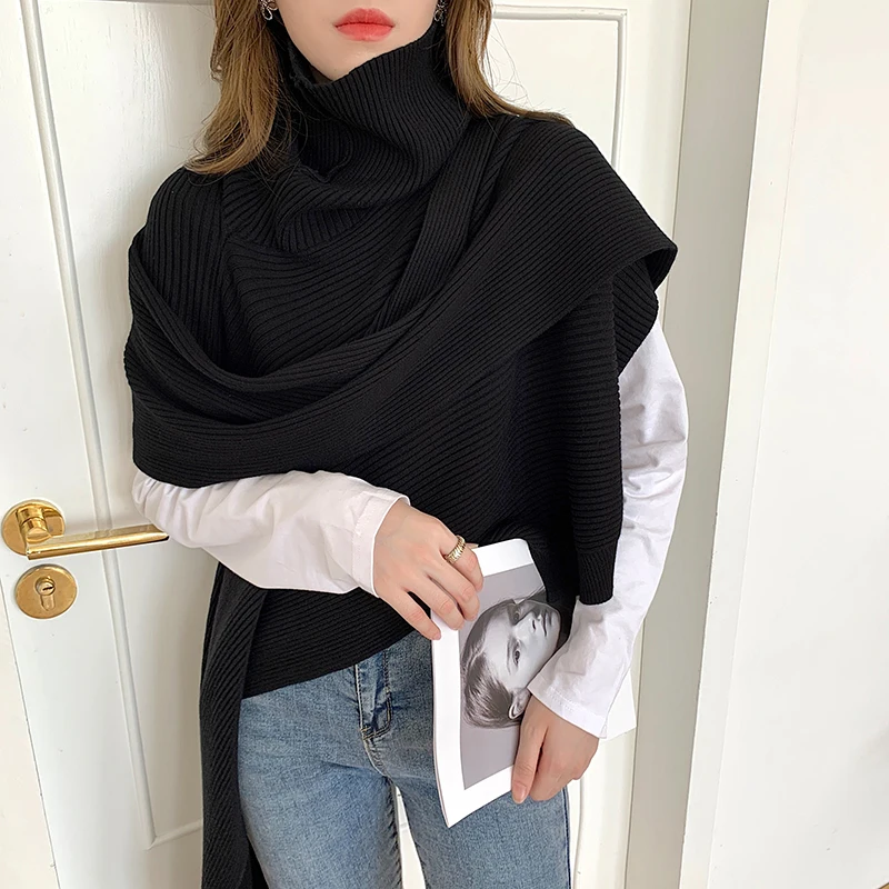 

Korean Sweater Women Loose Shawl Turtleneck Pullover Tops New 2021 Spring Autumn Short Sleeve Oversize Knitted Sweaters