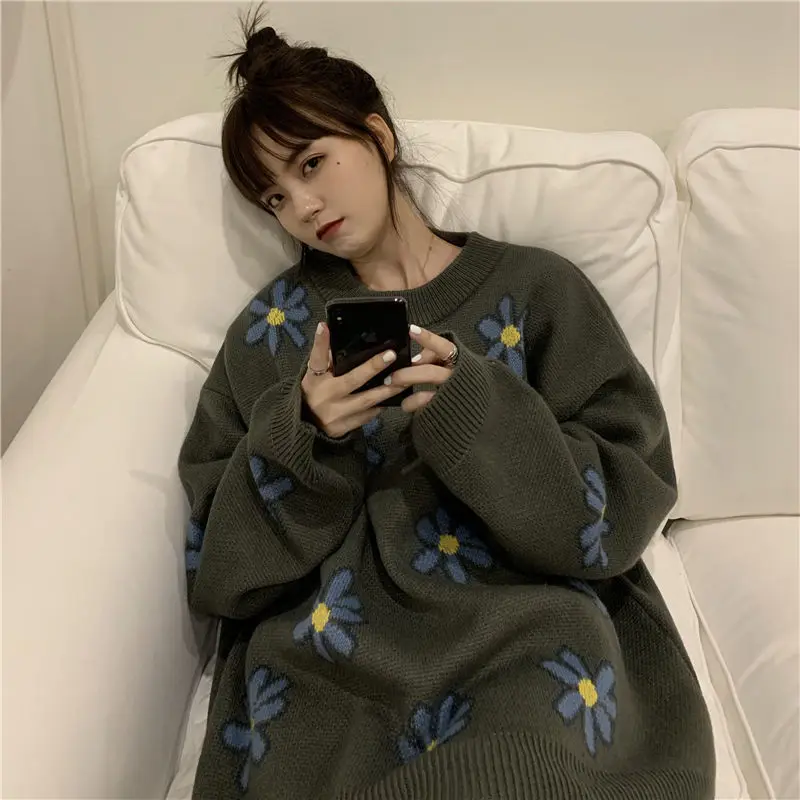 

New Couple 's Clothes Mori Department Lazy Wind Versatile High Collar Pullover Jacquard Student Knitted Top Fe