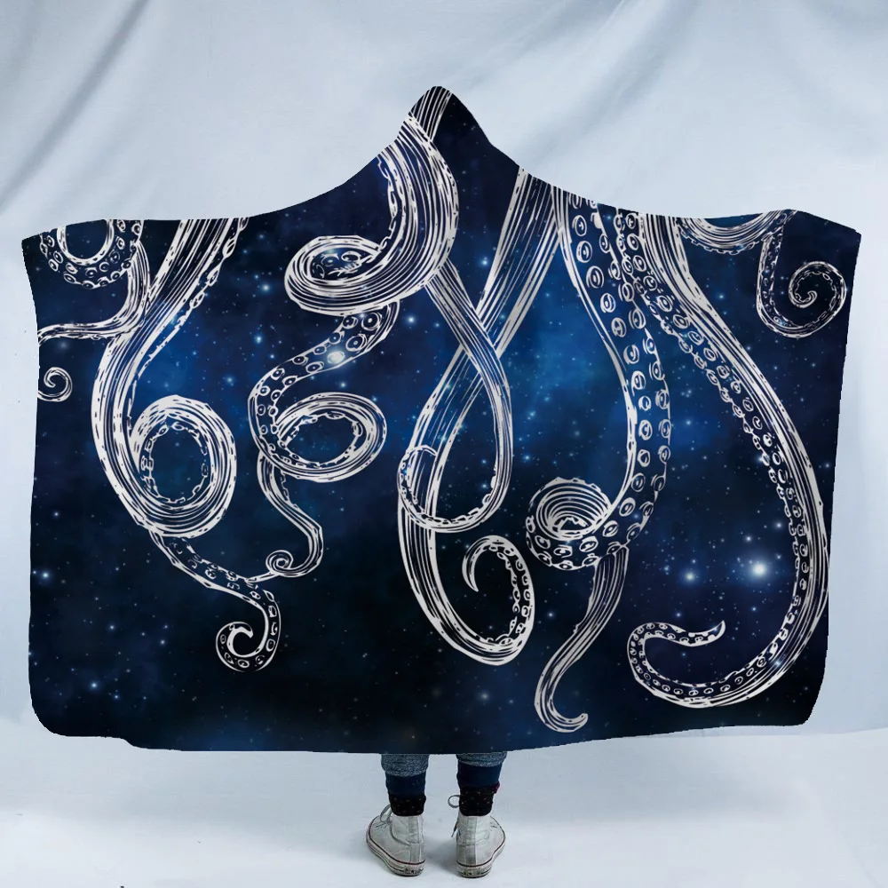 Dinosaur Octopus Printed Hooded Blanket Soft Home With Cap Warm Wool Velvet Camping Travel Anime | Дом и сад