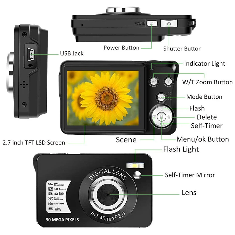 

Digital Camera 2.7-Inch LCD Rechargeable HD Pocket Camera,300,000 Pixels, with 8X Zoom, Suitable for Adults,Children