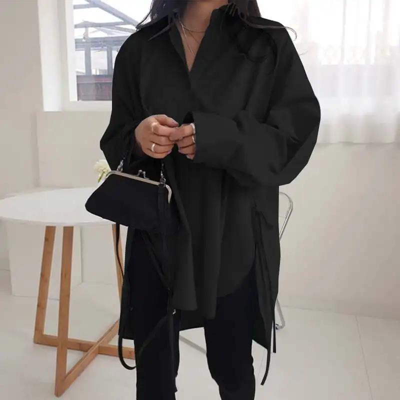 

Stylish Solid Shirts Women's Asymmetrical Blouse 2021 Casual Lace Up Blusas Female Button Lapel Shirt Oversized Tunic 5XL