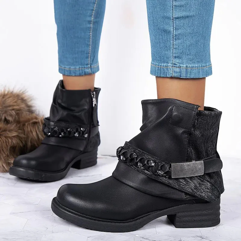 

Women Autumn Ankle Boots Black Zippers Causal New Short Boots PU Plus Size Rivets Ladies Fashion Boots