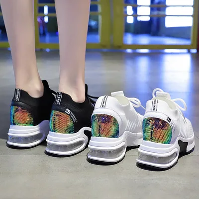 

Women's Sneakers Spring Sequined Casual Shoes Women Platform Heels Wedges Height Increasing 2021 Knitted Vulcanized Shoes