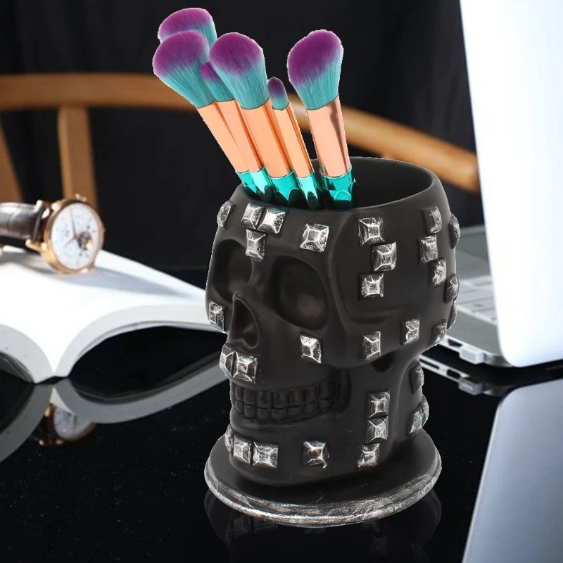 

Sequins Skull Ornament Skeleton Pen Holder Home Office Desktop Organizer Pencil Stationery Makeup Tools Storage Halloween Decor