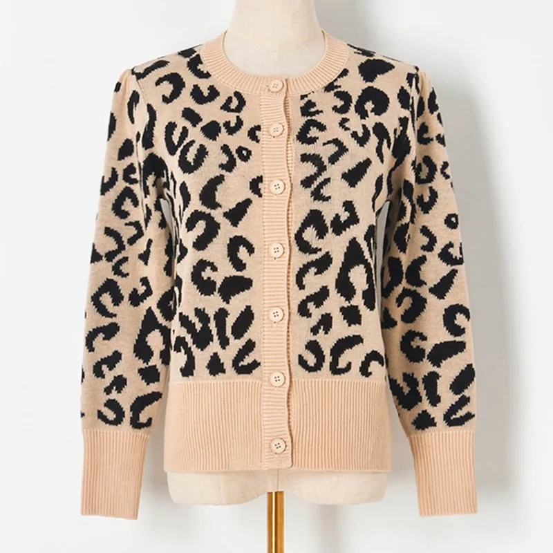 

2021 Spring Autumn Vintage Leopard Print Women Knitted Sweater O-Neck Buttons Wool Blend Cardigan Casual Female Ladies Outwear