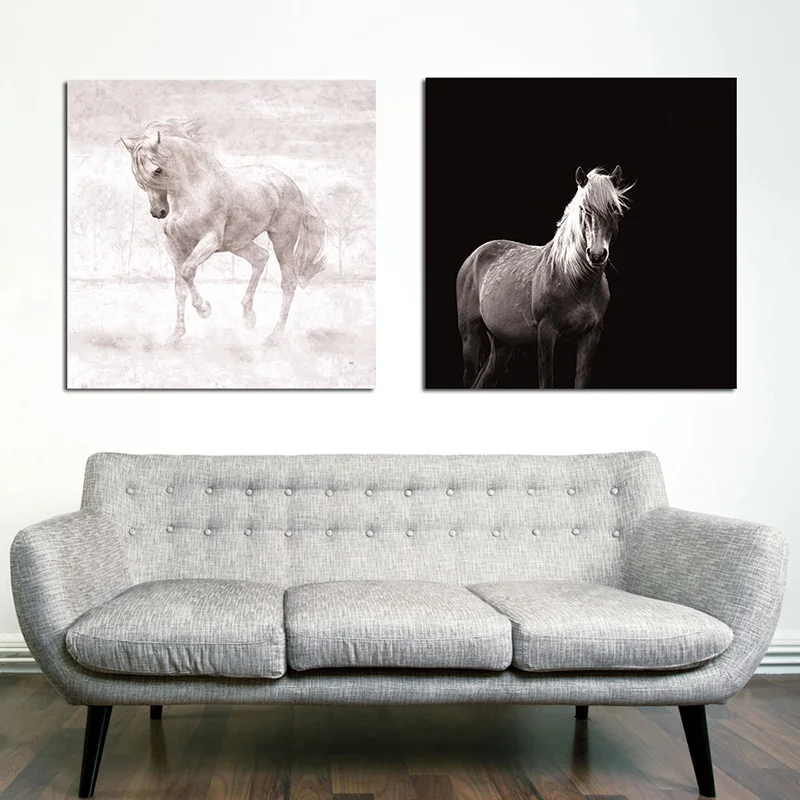 Белая и черная живопись на холсте с изображением лошади домашний декор для