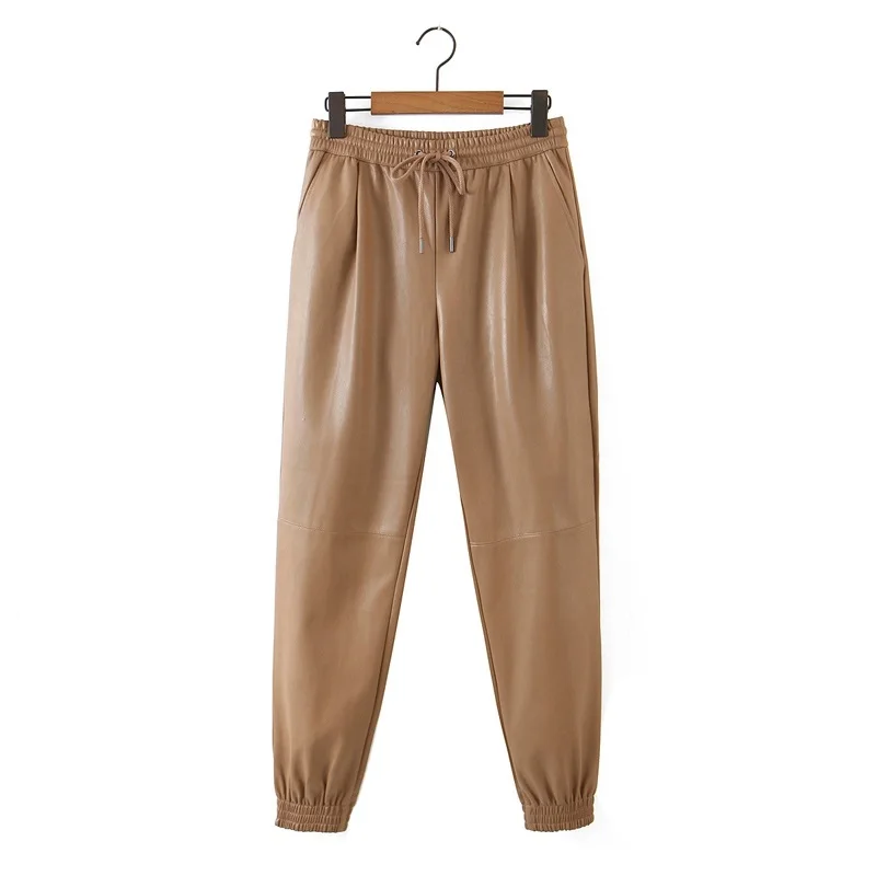 

Women Khaki PU Leather Pants Stretch Waist Female Autumn Winter Harm Pants Trousers Dropshipping