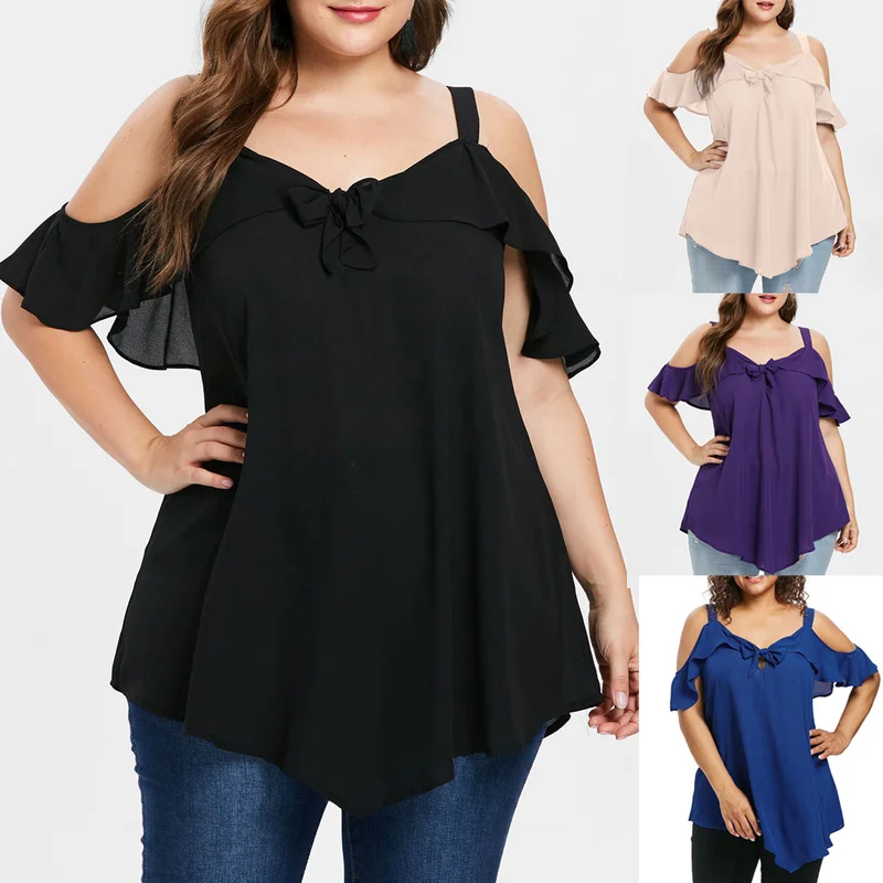 

Women Chiffon Shirt Irregular Bow Decoration Solid Color Large Size Women's Wear Strapless Flare Sleeve Casual Women Blouses