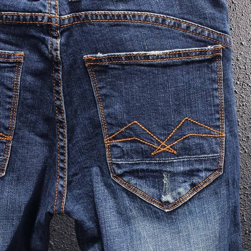 American Street Style Fashion Men Jeans Retro Blue Elastic Slim Fit Ripped Jeans Men Embroidery Designer Hip Hop Denim Pants