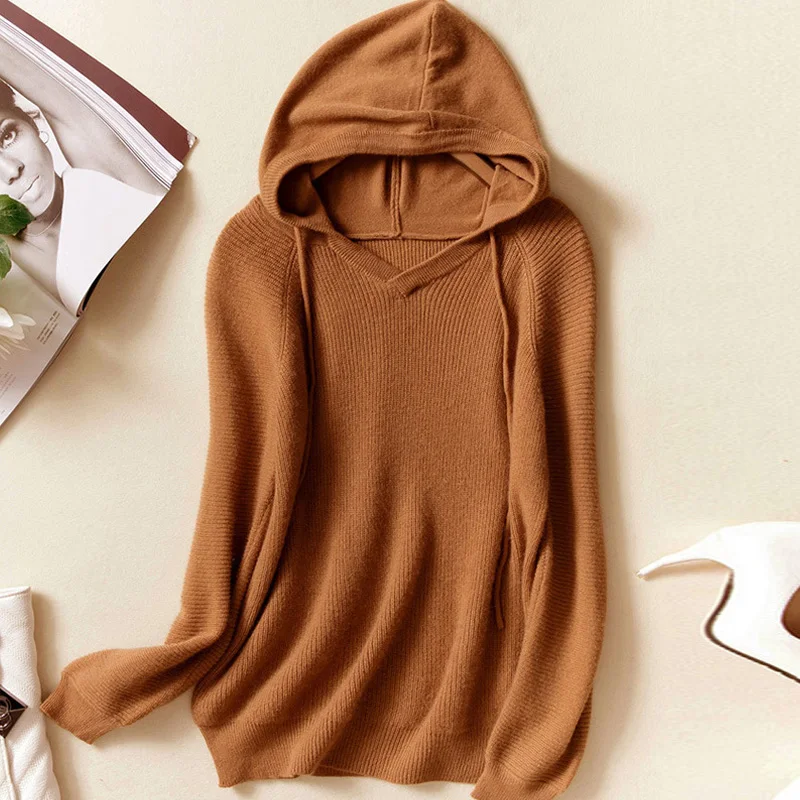 Simple European American Autumn Winter Pink New Hooded Solid Cashmere Sweater for Women Burgundy High Street Pullovers | Женская одежда