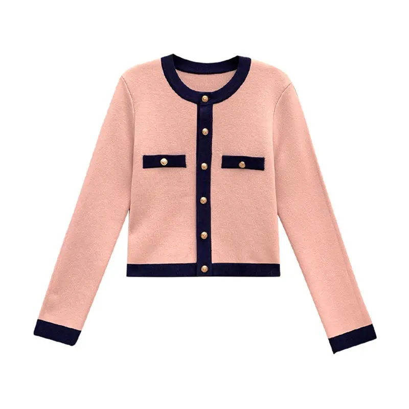 

2021 spring and autumn new color contrast knitted cardigan with temperament coat