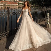 luxury illusion o neck full sleeve embroidery appliques tulle bridal ball gown chapel train button back wedding dress