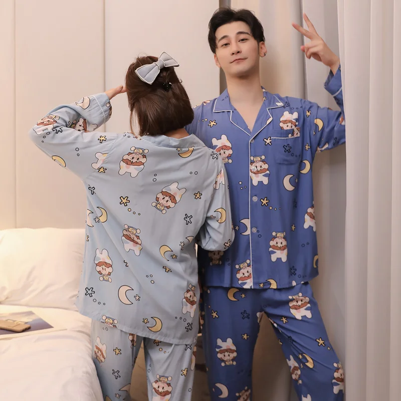 2021 New Couple Poplin Pajamas Men and Women Spring and Autumn Artificial Cotton Home Wear Can Be Worn outside Bourette Suit