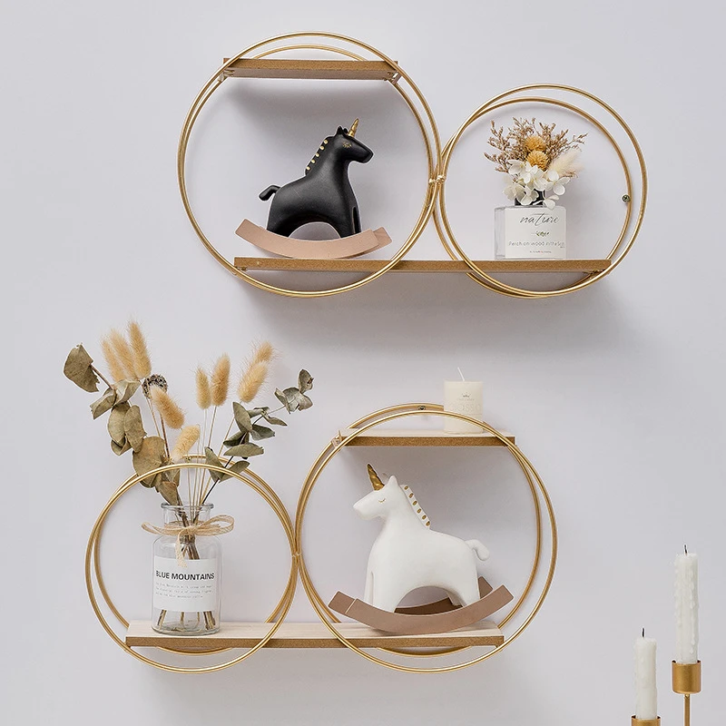 

Nordic Personalized Decoration Home Hotel Iron Gold Wood Wall Shelf Room Accessories Wall Mounted Kitchen Storage Racks