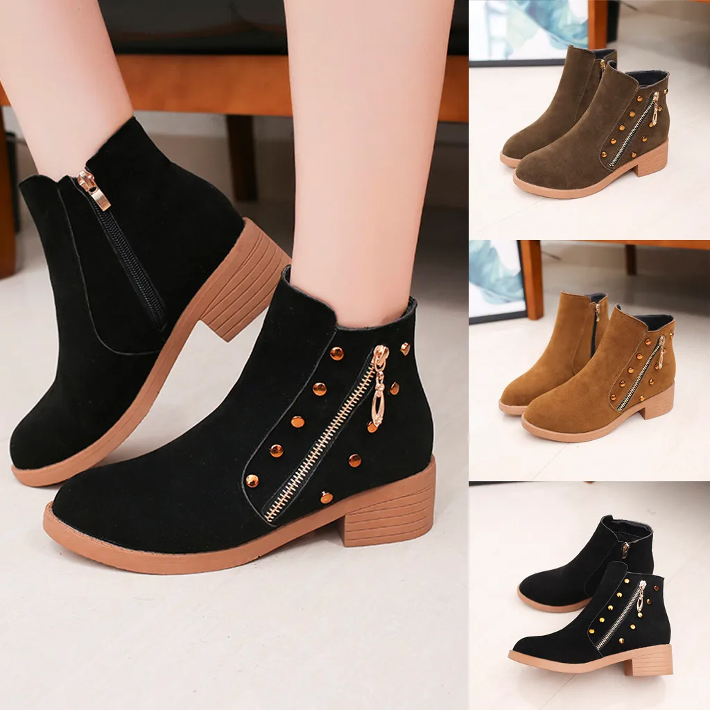 

Fashion Women's Mid Heel Round-Toe Shoes Side Zipper Non-Slip Short Tube Boots British style New Arrival 2020