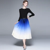 2021 winter elegant dresses for women round neck long sleeve knit top stitched pleated gradient medium length dress for party