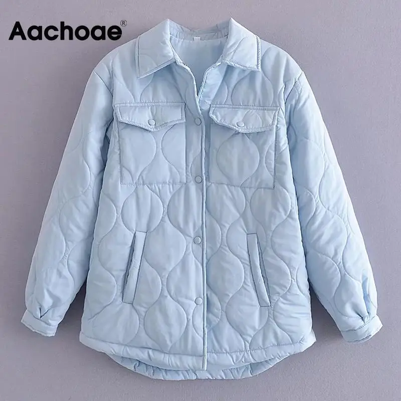 

Aachoae Women Solid Color Parka Coats Button Up Turn Down Collar Outerwear With Pockets Female Autumn Winter Fashion Chic Coats