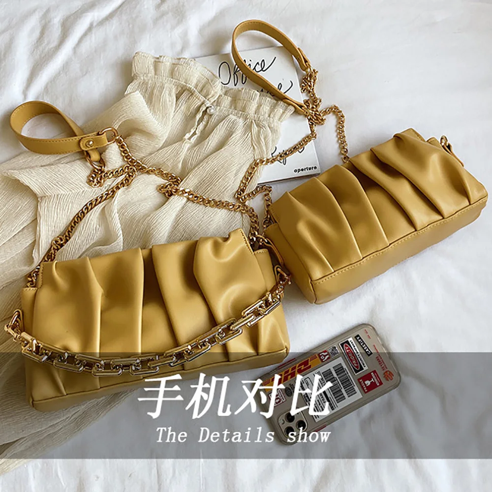 

ANOKHOGI Korean Style All-Match Fashion Pleated Shoulder Bag Candy Color Metal Straps Handbag zx127