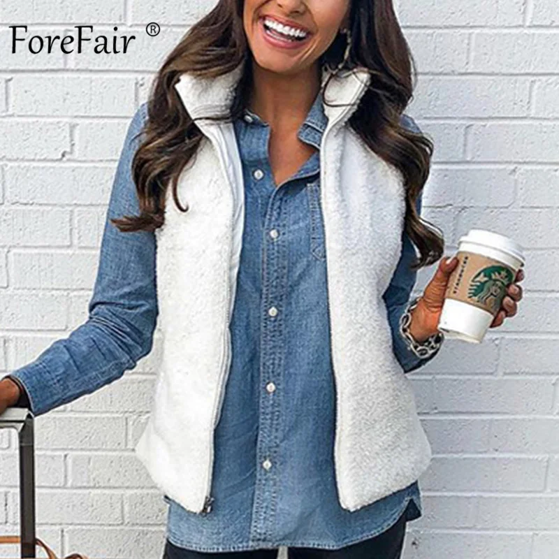 Forefair Повседневный тонкий флисовый жилет для женщин осень куртка Женская мода размера плюс однотонный элегантный хаки белый плюшевый мех пальто