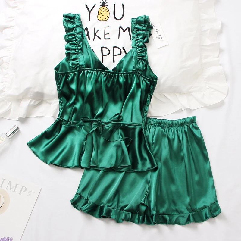 Green Женский пижамный комплект с оборками для сна и отдыха, новинка, Сексуальная атласная одежда для сна, женская пижама, штаны с завязками, пижамный комплект, женские пижамные комплекты - Цвет: Green